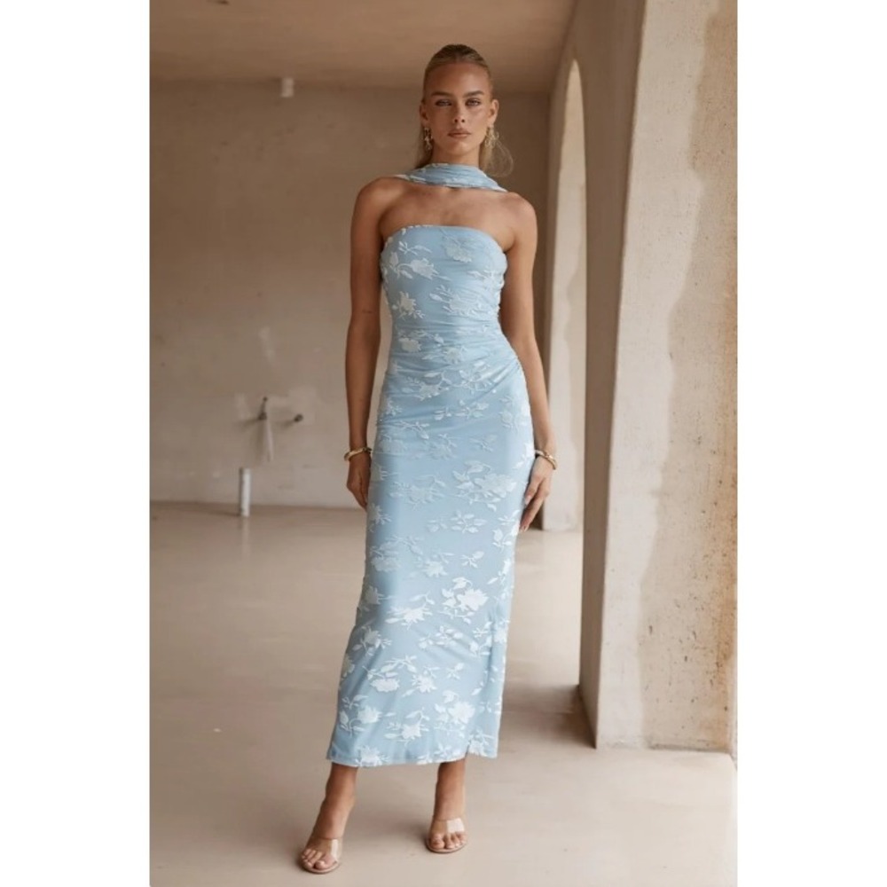 Runaway The Label Sommer Midi Dress Burnout Floral Cowl Neck Blue Medium